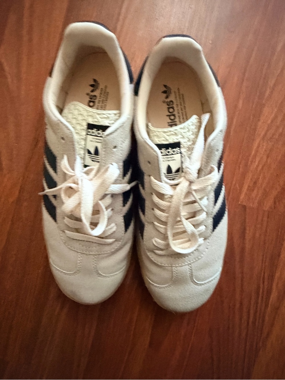 adidas Cream Suede Sneakers with Navy Stripes and Gum Sole - Picture 4 of 5